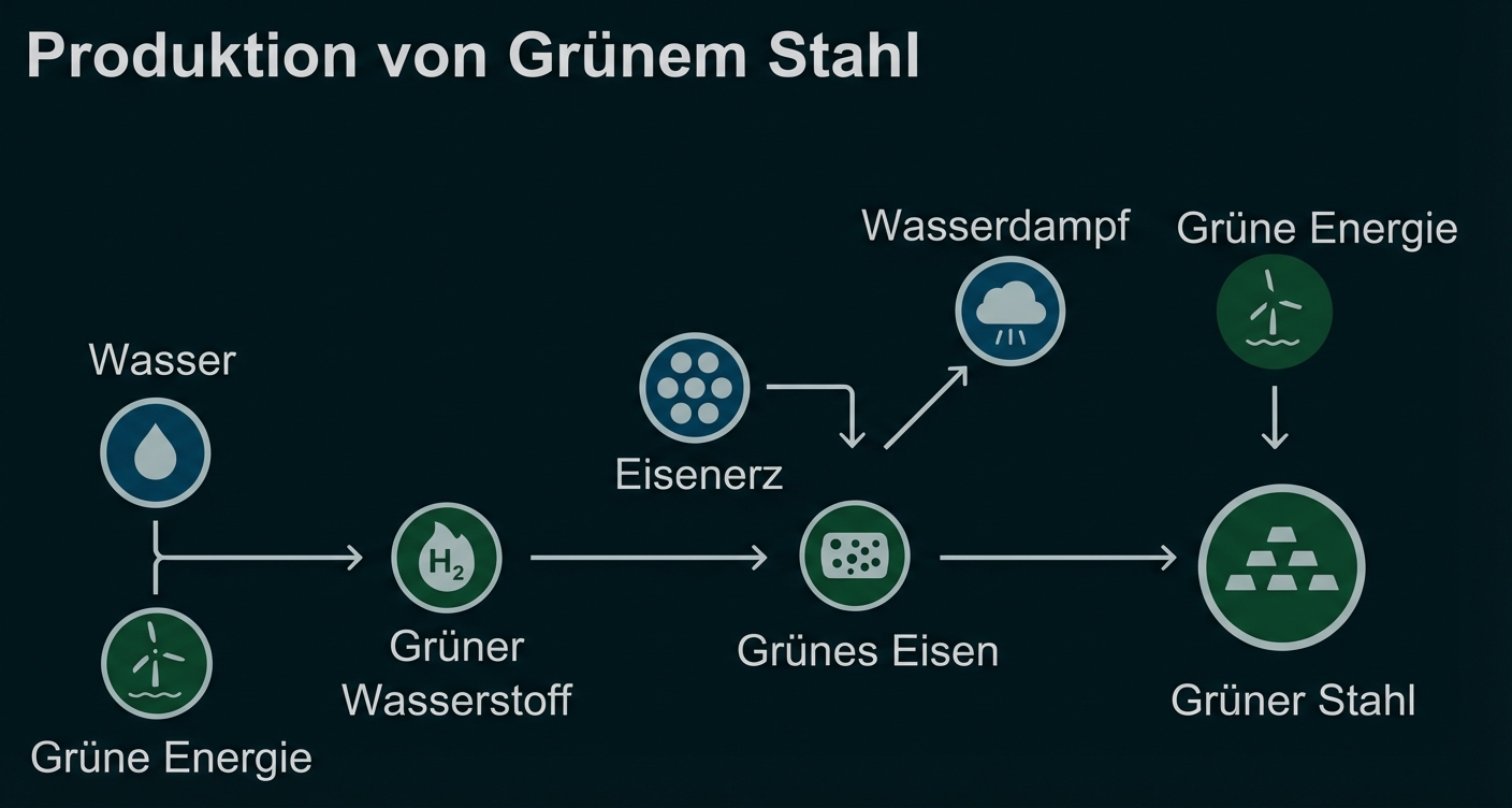 Schematische Darstellung: Produktion von grünem Stahl aus Wasser, grünem Wasserstoff, Eisenerz und grüner Energie.